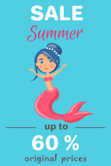 Wall Mural - Summer sale with mermaid at sea. Advertising banner with underwater life of sea creature. Nixie on background of ocean with waves and sand with starfish. Seasonal closeout poster, discounts, hot price