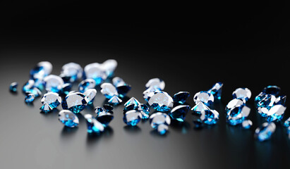 Poster - Group of Blue diamond sapphire placed on glossy background main object focus 3d rendering