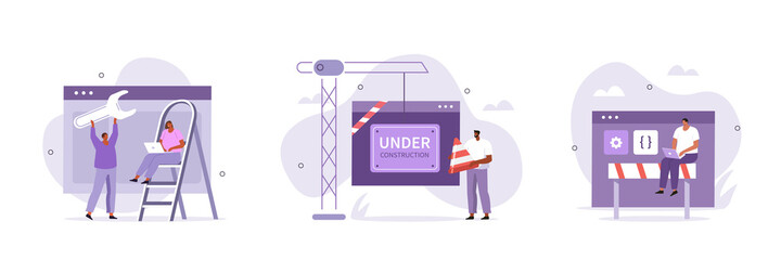 Web site development concept. Developers team solving errors and bugs. Website maintenance process and under construction page. Flat cartoon vector illustration and icons set.