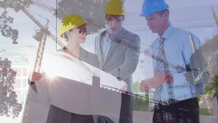 Poster - Animation of building site over business people talking in office