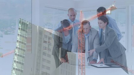 Poster - Animation of building site over business people talking in office