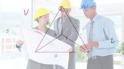Poster - Animation of letters and triangle over business people talking in office