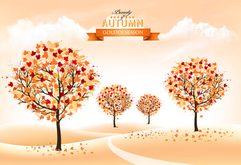 Poster - Autumn nature background with colorful trees and landscape. Vector.