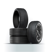 Tyre Set. Car Wheels In A Heap. Car Tires Isolated On White Background. Summer And Winter Car Tires.