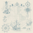 Vector background on the theme of travel, adventure and discovery. Vintage hand-drawn sailboats, sunken ships, map, wind rose, anchor, steering wheel, compass. Attributes of maritime navigation