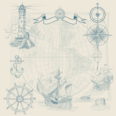  Vector background on the theme of travel, adventure and discovery. Vintage hand-drawn sailboats, sunken ships, map, wind rose, anchor, steering wheel, compass. Attributes of maritime navigation