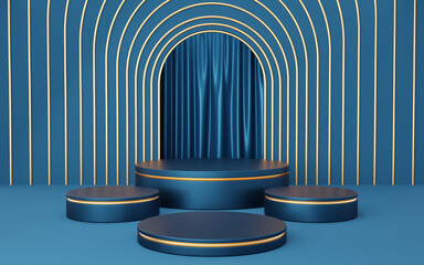 Wall Mural - 4 Empty blue cylinder podium with gold border on blue arch and curtain background. Abstract minimal studio 3d geometric shape object. Mockup space for display of product design. 3d rendering.
