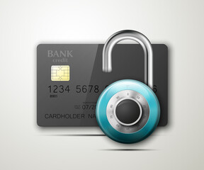 Wall Mural - Credit card safe combination lock. Protection credit card. Safety badge banking. Defense finans. Security Plastic card software. Debit card electromagnetic chip Privacy Electronic money funds transfer