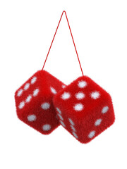 Pair of fuzzy dices for cars on white background 3d rendering