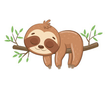 Cute Sloth Sleeps Sweetly.Cartoon Vector Illustration.
