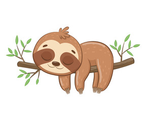 Cute sloth sleeps sweetly.Cartoon vector illustration.