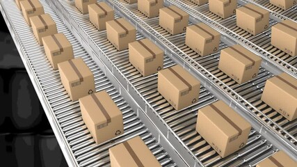 Poster - Animation of cardboard boxes moving on conveyor belts over warehouse