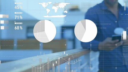Poster - Animation of statistics and data processing over man using smartphone