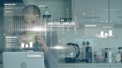 Poster - Animation of statistics and data processing over man using laptop