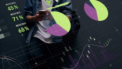 Poster - Animation of statistics and data processing over man using smartphone