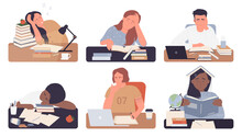 Bored Students Study Vector Illustration Set Isolated. Cartoon Young Exhausted Woman Man Student Characters Sitting On Desk With Books While Studying Boring Doing Homework, Frustrated People Working