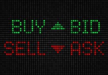Stock Exchange Board, Buy, Sell, Bid, Ask LED Indicators. Vector Market Index On Screen, Green And Red Trade Tickers, Currency Rate Growth And Drop On Black Display. Trading Data, Financial Investment