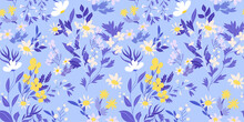Beautiful Floral Seamless Pattern With Lemon Yellow Flowers, Forest Grasses, Leaves On A Light Blue-purple Background. Wild Flowers Perfect Template For Prints, Fabrics, Wallpapers, Covers… Vector