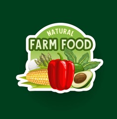 Wall Mural - Farm vegetables badge or icon. Organic food vector icon with bell pepper, corn, avocado and spinach green leaves with asparagus veggies. Natural farmer production, eco market healthy food label