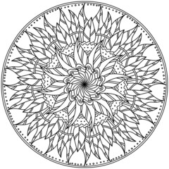 Ornate mandala with leaves and patterns, autumn meditative zen coloring page