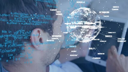 Poster - Animation of data processing and globe of connections over businessman using tablet