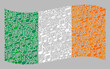 Mosaic waving Ireland flag constructed with musical notes. Vector melody mosaic waving Ireland flag combined for party purposes. Ireland flag collage is made with random melody icons.
