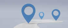 Search Concept With Simple Locator Mark Of Map And Location Pin Or Navigation Map Pointer Symbol On Blue Background. Route Planner, Milestone Path Concept. 3D Render