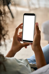young african american woman hands holding cell phone with mockup white blank display, empty screen 
