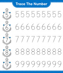 Trace the number. Tracing number with Anchor. Educational children game, printable worksheet, vector illustration