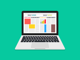Poster - Online news in laptop. Icon of newspaper with article on computer. Website of social media in laptop. Digital monitor for read electronic newsletter. App for business information. Vector