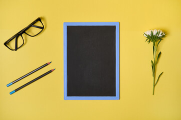 top view. flat lay. autumn aster flower clean chalkboard with copy space , eyeglasses and two pencil