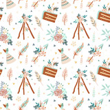 Vector cartoon illustration in trendy boho style. Seamless pattern with birthday cake, arrows, wigwams, flowers compositions and feathers. Birthday scandinavian pattern. Hand drawn Boho elements.