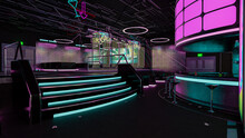 3D Rendering Of A Futuristic Cyberpunk Nightclub Interior And Bar.