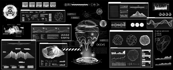 Wall Mural - Futuristic User Interface with Head Up Display - HUD. Futuristic dashboard interface for UI, UX, GUI. Scifi callouts titles and windows frame in HUD style. 3D Hologram geometric shapes. Vector FUI