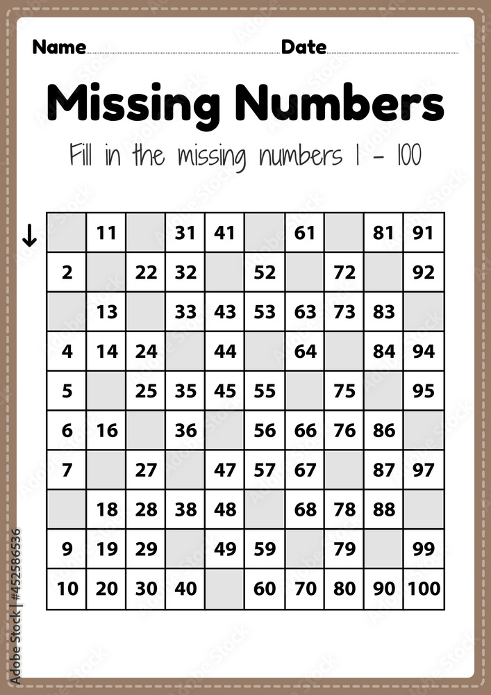 Preschool math worksheets, missing numbers 1 to 100 printable sheet for ...