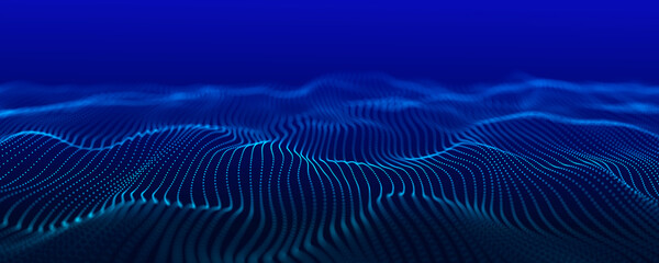 Dots futuristic background with dynamic wave. 3D visualization of big data. Energy flows. 3D rendering.