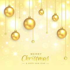 Wall Mural - Merry Christmas and Happy New Year card. Greeting card with hanging golden christmas balls on gold chains and with bright bokeh, stars and glow