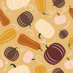 Wall Mural - Multicolored cute pumpkins vector flat seamless pattern