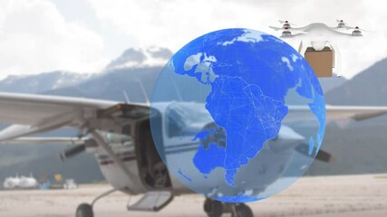 Poster - Animation of network of connections over drone with parcel over airplane