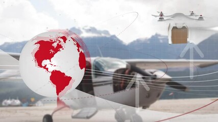 Poster - Animation of network of connections over drone with parcel over airport apron