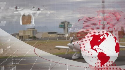 Poster - Animation of network of connections over drone with parcel over airport apron
