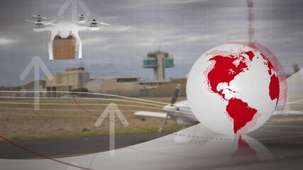 Poster - Animation of network of connections over drone with parcel over airport apron