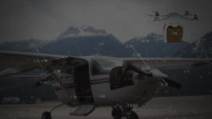 Poster - Animation of network of connections over drone with parcel over airport apron