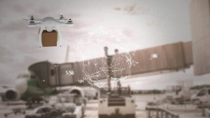 Poster - Animation of network of connections over drone with parcel over airport apron
