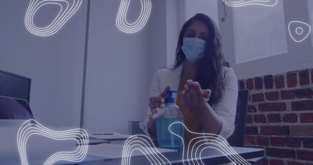 Sticker - Animation of white lines over woman wearing face mask disinfecting hands