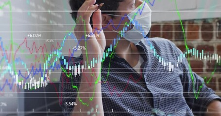 Poster - Animation of financial data processing over businessman wearing face mask