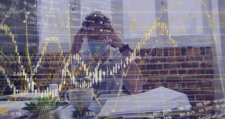 Poster - Animation of financial data processing over businessman wearing face mask