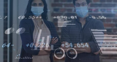 Poster - Animation of financial data processing over people wearing face masks