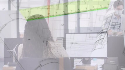 Poster - Animation of plans and ruler over business people wearing face masks