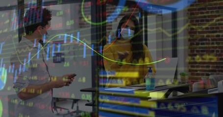 Poster - Animation of financial data processing over people wearing face masks